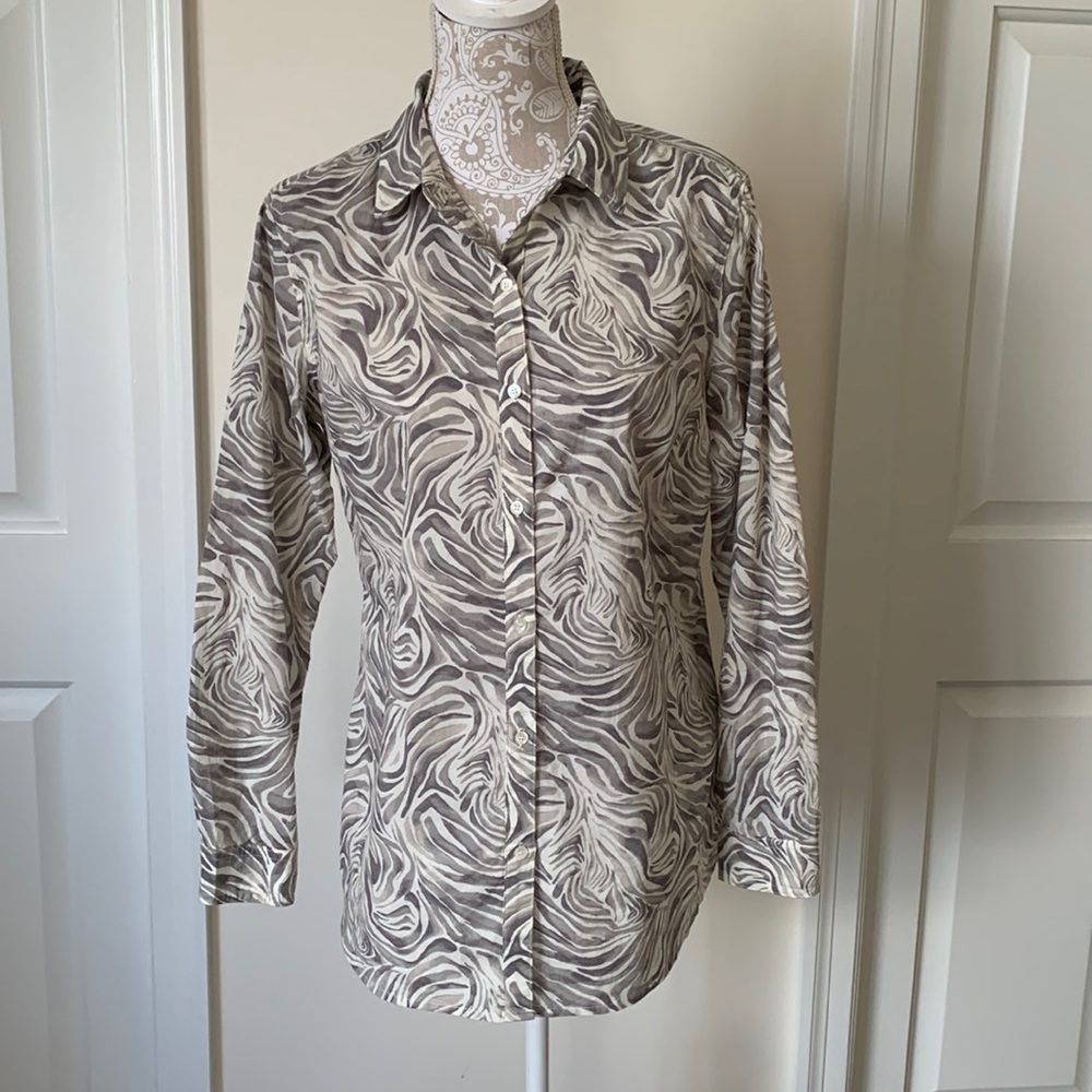 J. McLaughlin Cotton Button Down, Size Medium, gray and beige organic pattern